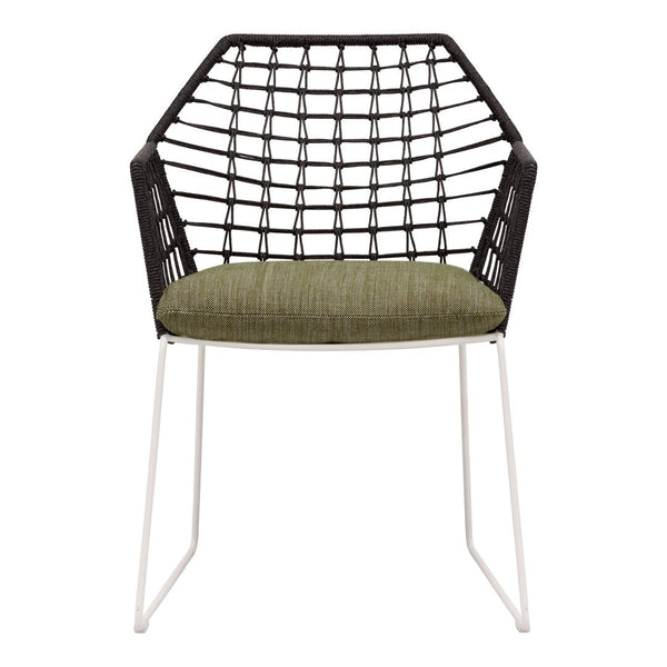 Black woven chair with green cushion and white legs, featuring a geometric pattern. Modern design for trendy decor.