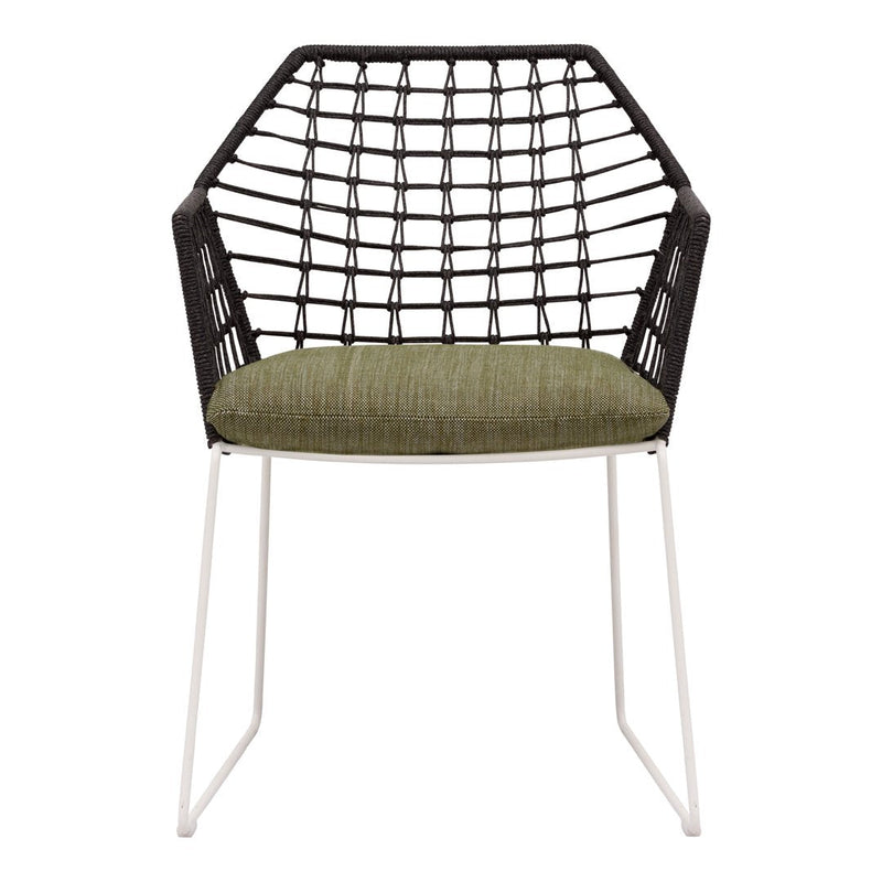 Black woven chair with green cushion and white legs, featuring a geometric pattern. Modern design for trendy decor.