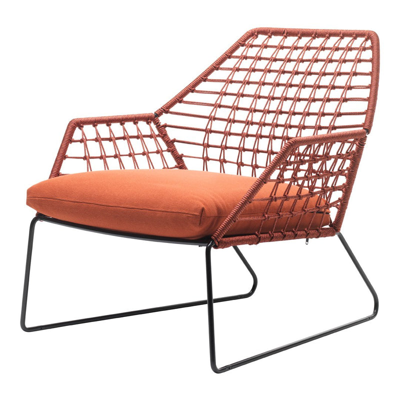 "Stylish chair with a rust-colored woven design and a vibrant orange cushion, set on sleek black metal legs."