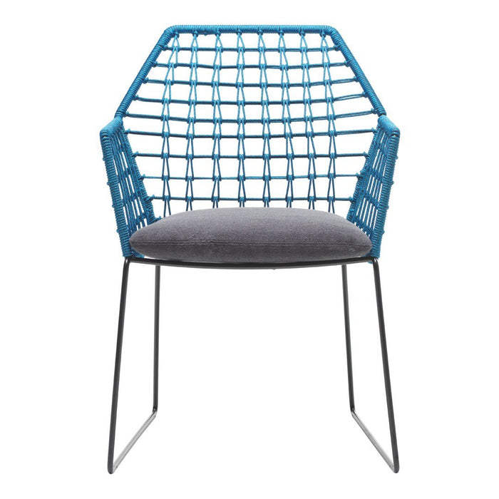 Blue geometric woven chair with a gray cushioned seat and sleek black metal legs. Perfect for modern decor.
