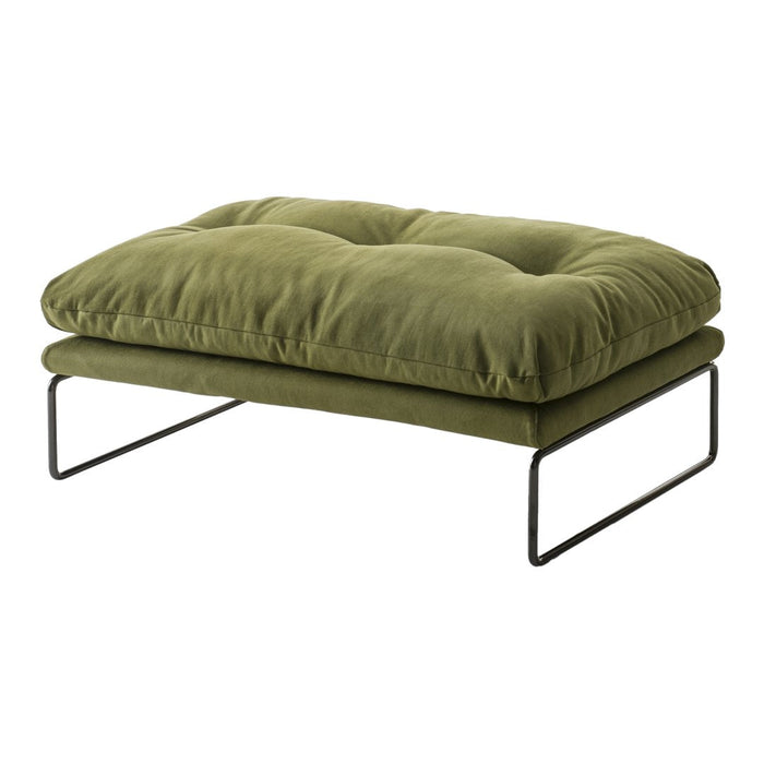 Olive green tufted cushion with sleek black metal frame, featuring a textured, plush design perfect for stylish decor.