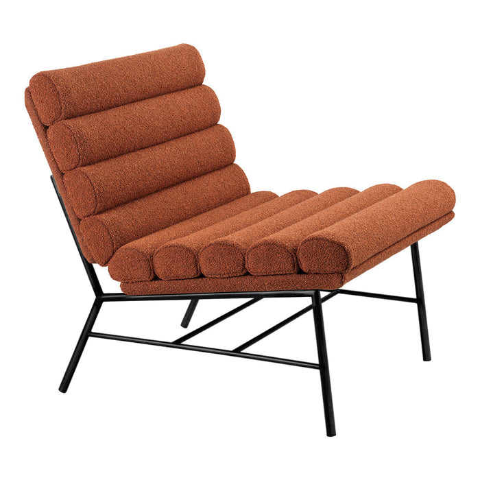 Rust orange upholstered chair with a modern, tubular design and sleek black metal frame.