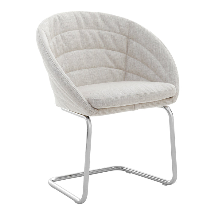 Light beige upholstered chair with quilted pattern and sleek chrome base. Elegant and modern design for any space.
