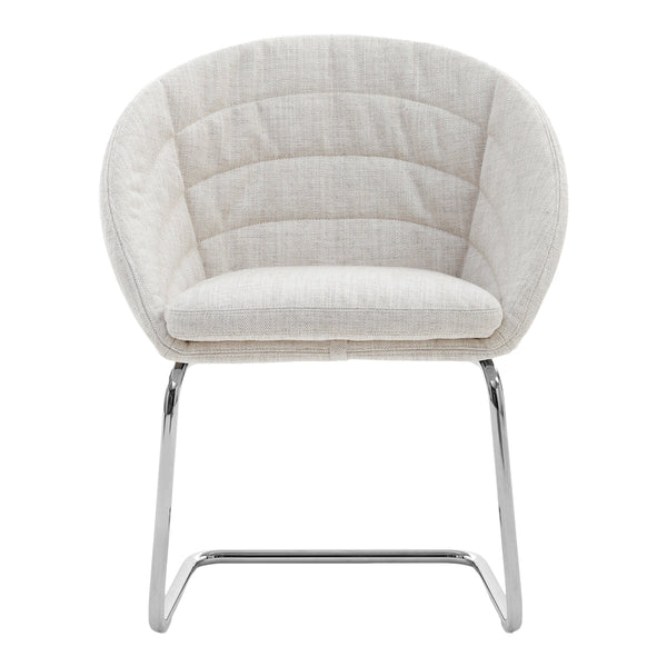 Cream upholstered chair with a textured quilted pattern and sleek chrome legs. Ideal for modern interiors.