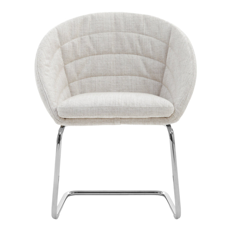 Cream upholstered chair with a textured quilted pattern and sleek chrome legs. Ideal for modern interiors.