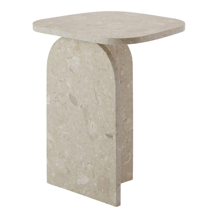 Light beige square side table with a textured stone pattern and smooth finish. Ideal for modern decor.