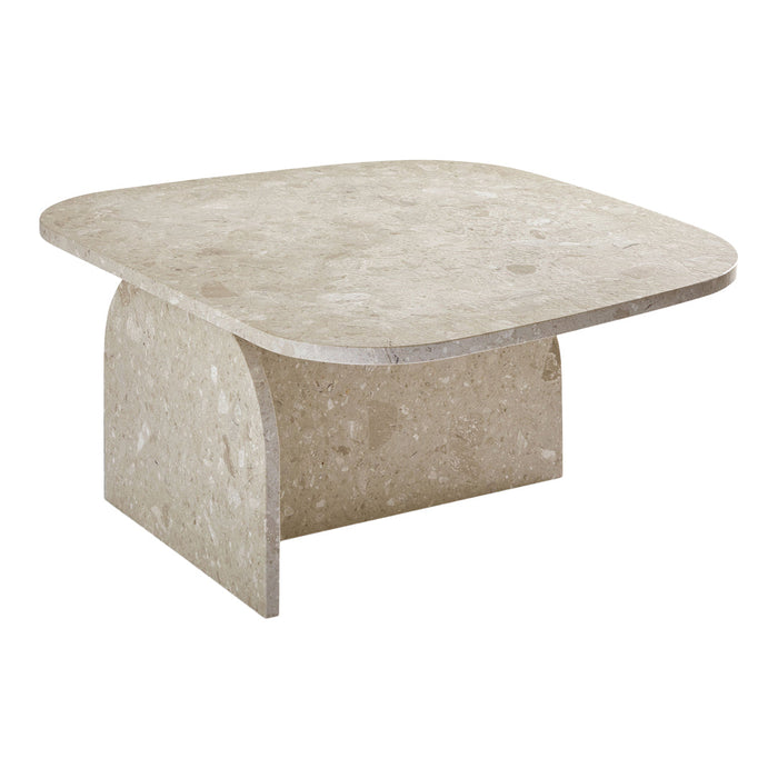 Light beige stone coffee table with a smooth, textured surface and subtle variations in color. Modern design elements.