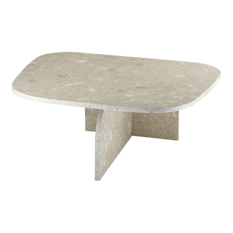 Light grey rectangular coffee table with a smooth speckled surface and rounded edges. Modern minimalist design.