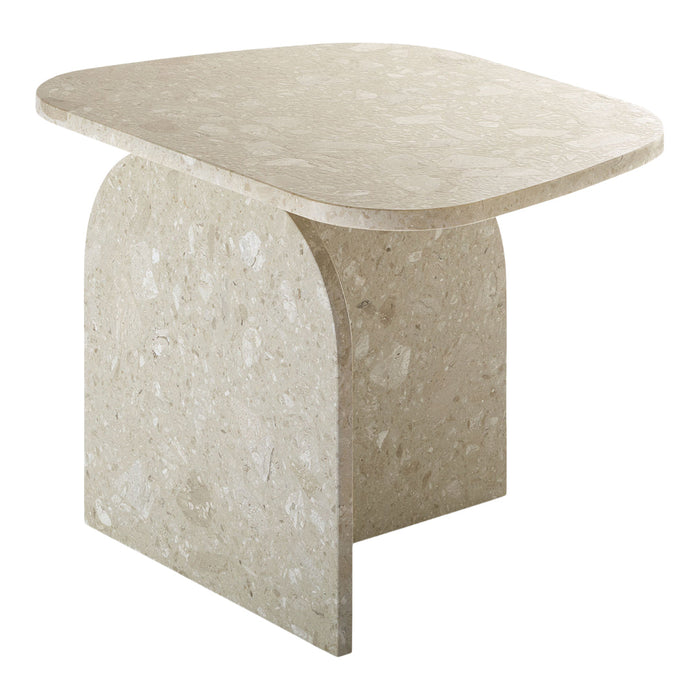 Cream-colored table with a smooth, matte finish and subtle, textured patterns throughout. Perfect for modern decor.