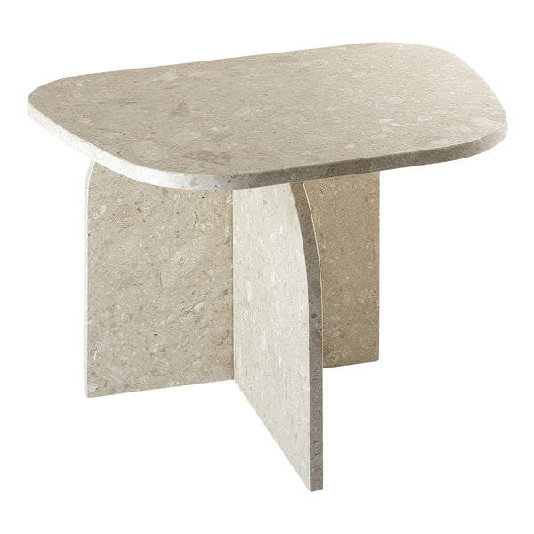 Natural beige stone table with a smooth surface and textured patterns, featuring rounded edges and a minimalist design.