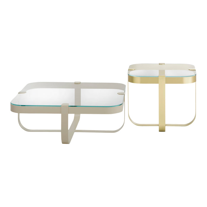 Set of two modern square coffee tables featuring gold and silver metal frames with clear glass tops.