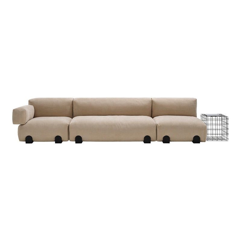 Minimalist beige sectional sofa with soft, textured upholstery and sleek black legs for a modern touch.