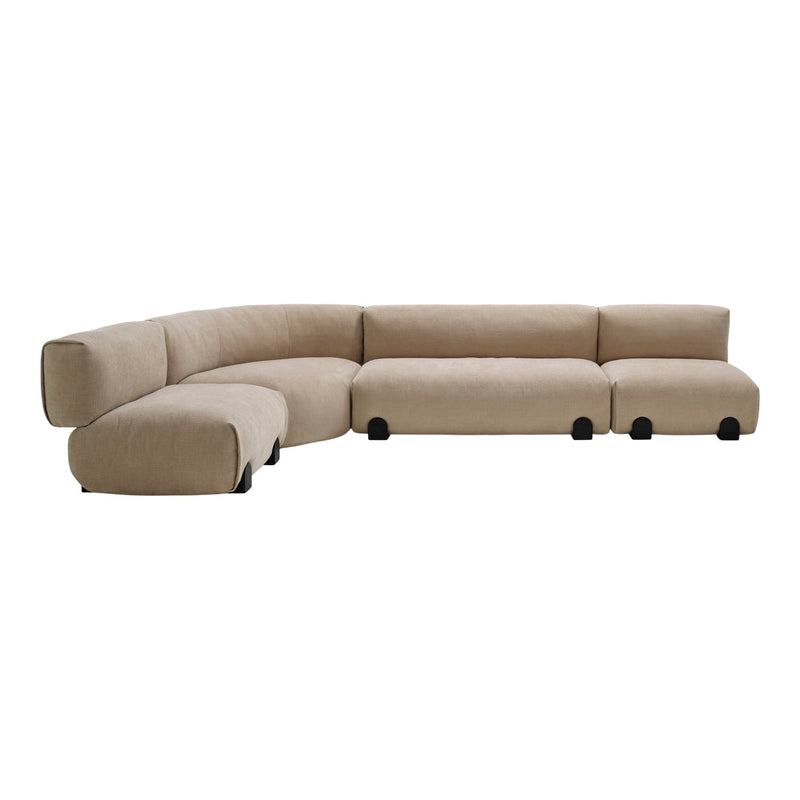 Beige sectional sofa with a modern, curved design and plush fabric upholstery, featuring black wheels for mobility.