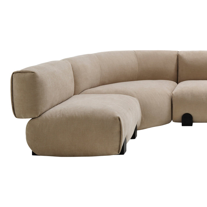 Curved beige sofa with smooth, minimalist design and subtle texture, perfect for modern living spaces.