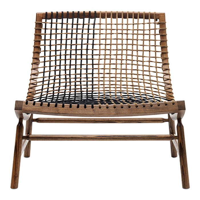 Natural wood chair featuring a woven pattern in tan and black. Stylish, modern design with a minimalist aesthetic.