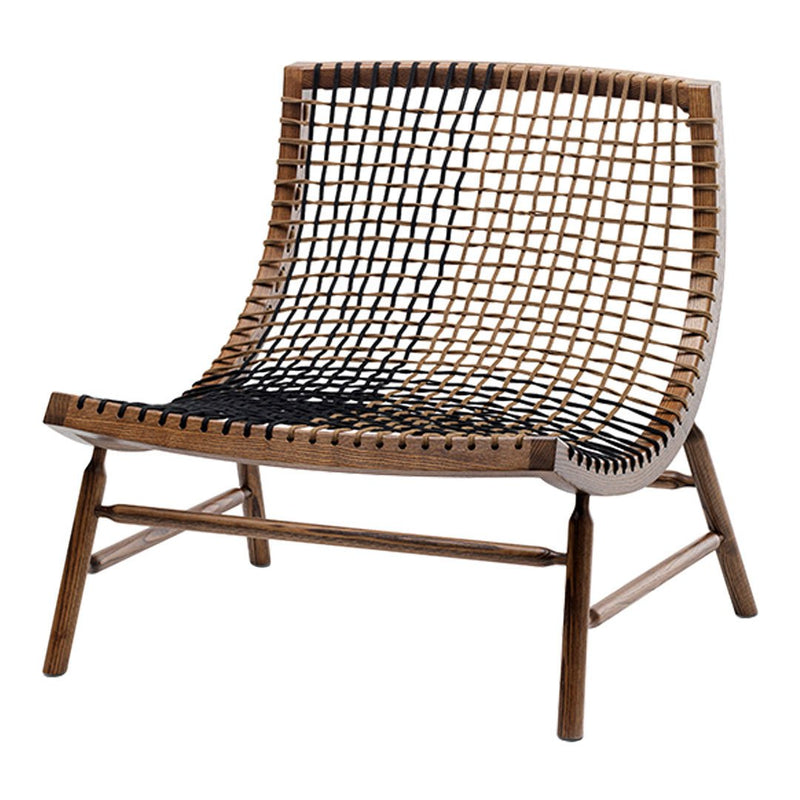 "Wooden lounge chair featuring a brown and black woven pattern for a stylish boho touch."