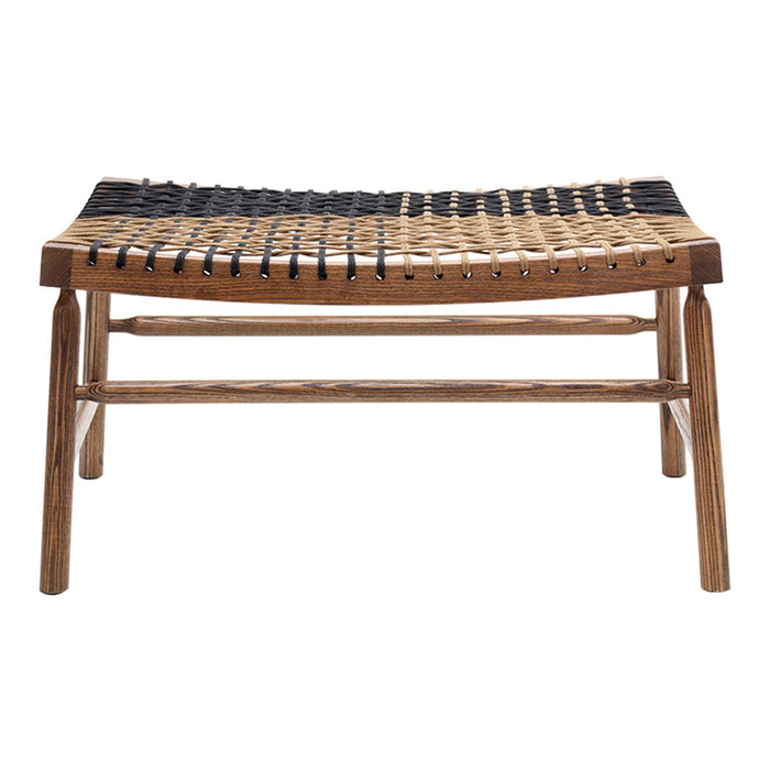 Woven black and natural wood footstool with a minimalist design and intricate braided patterns.