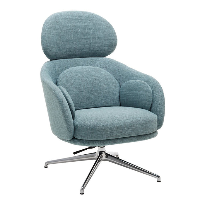 Mid-century modern upholstered chair in soft teal fabric with rounded shapes and a sleek chrome base.