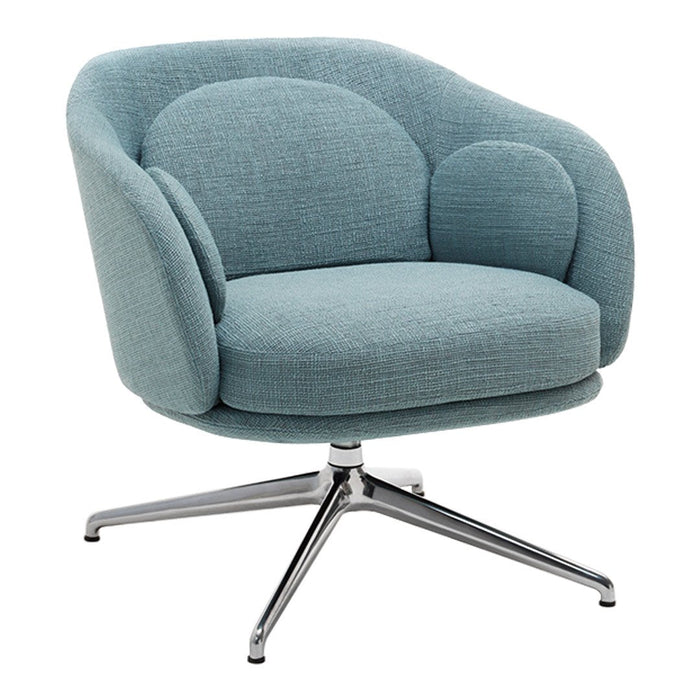 Light blue upholstered chair with a smooth, rounded design and sleek chrome legs. Perfect for modern decor.