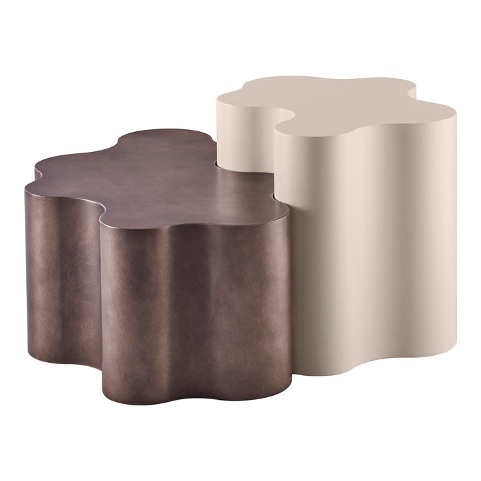 Two decorative side tables: one in matte brown and the other in smooth cream, featuring unique organic shapes.