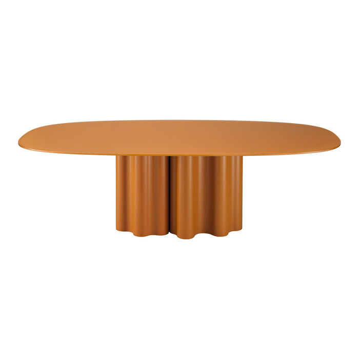 Terra cotta oval table with a smooth surface and sculpted cylindrical base, adding modern elegance to any space.