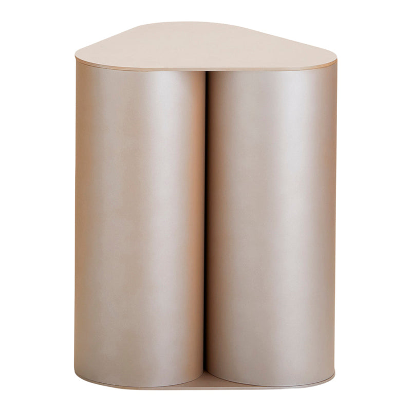 Beige geometric side table with a curved, minimalist design and smooth, matte finish. Ideal for modern decor.