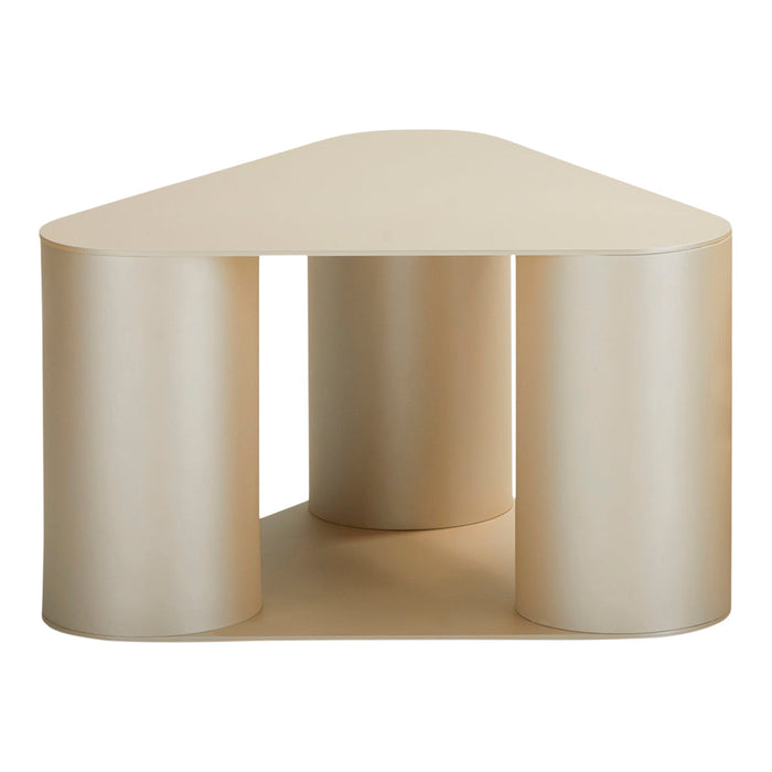 Beige triangular table featuring smooth surfaces and rounded cylindrical legs for a modern, minimalist look.