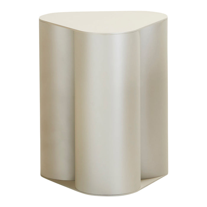 Light beige sculptural side table with a smooth, matte finish and curved edges, perfect for modern decor.