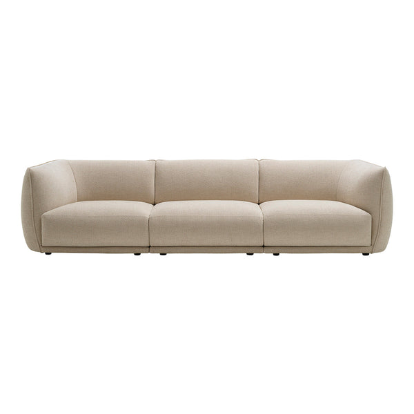 Beige modern sofa with smooth, minimalist design and rounded edges, perfect for contemporary living spaces.