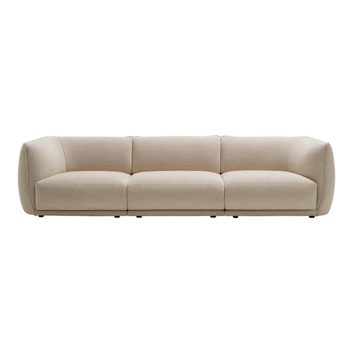 Beige fabric sofa with a minimalist design and smooth, rounded edges, perfect for modern living spaces.
