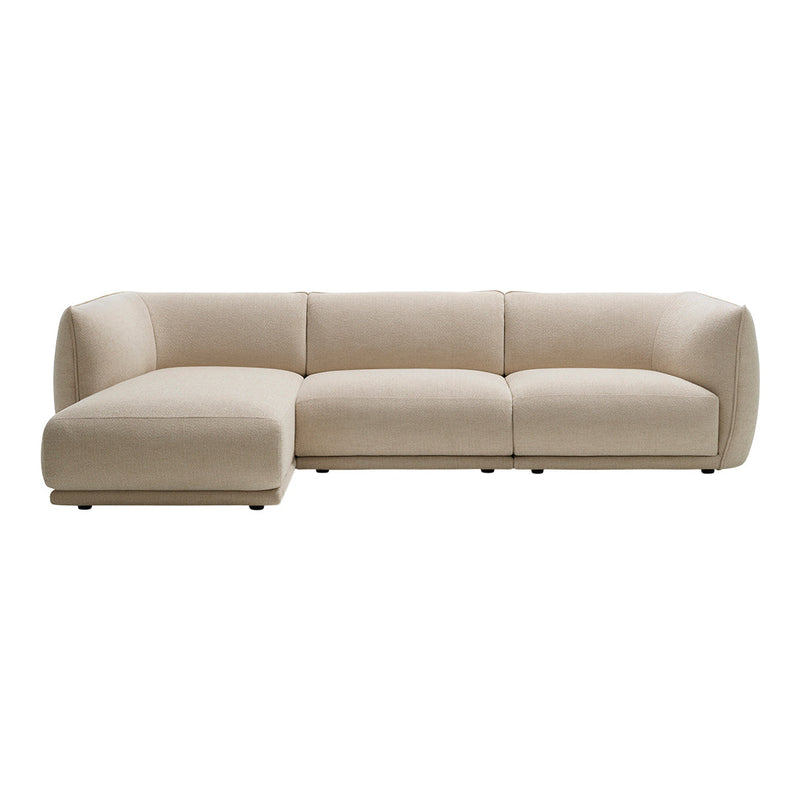 Beige modern sectional sofa with smooth, rounded edges and a minimalist design. Perfect for contemporary living spaces.