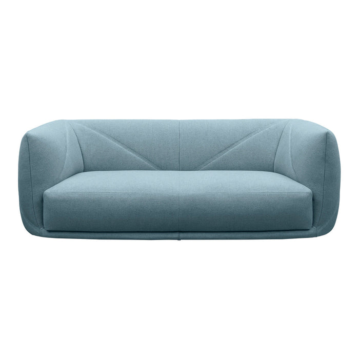 Soft blue upholstered sofa with smooth lines and subtle geometric pattern. Ideal for modern living spaces.