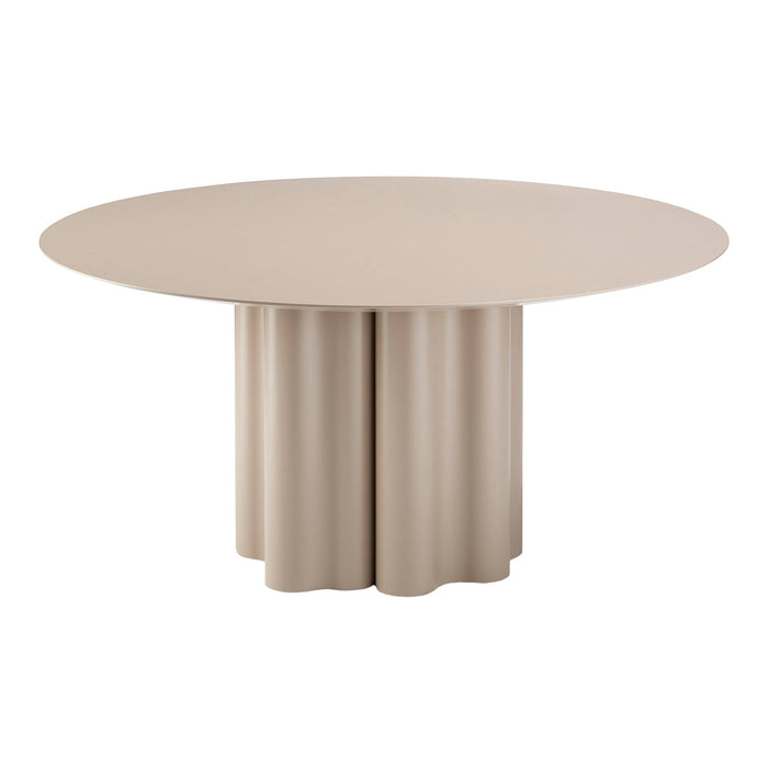 Round beige dining table with a smooth surface and fluted, contrasting base for a modern aesthetic.