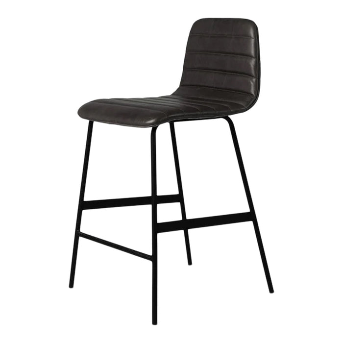 Black leather bar stool with a ribbed pattern and sleek black metal legs. Ideal for modern decor.