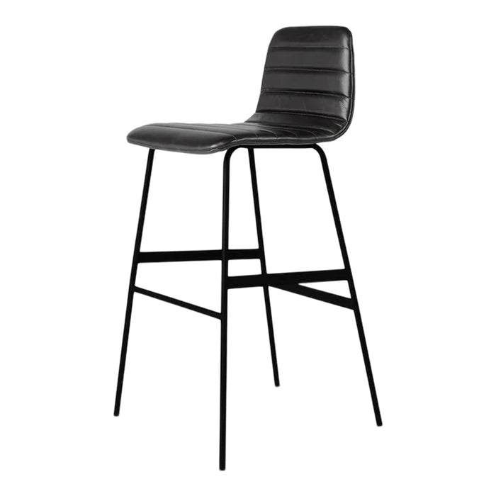 Black bar stool with a sleek, ribbed seat and minimalist black metal frame, perfect for modern decor.