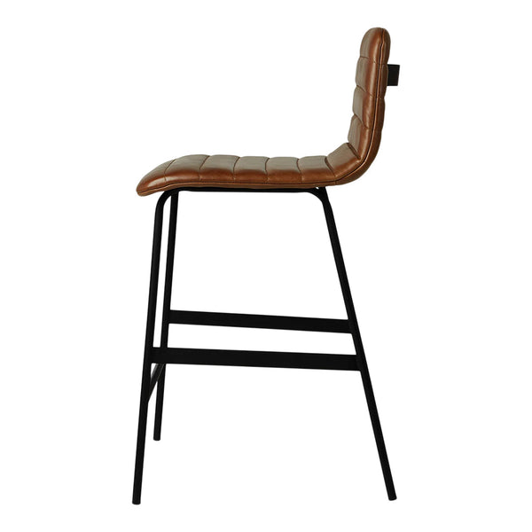 Brown quilted leather bar stool with a sleek black metal frame, offering a modern and stylish look.