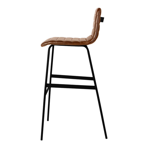 Brown leather bar stool with a quilted pattern and sleek black metal legs, perfect for modern decor.