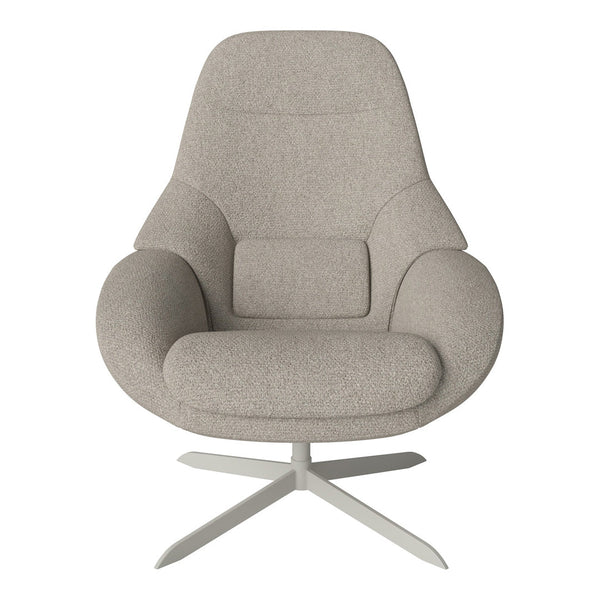 Neutral beige armchair with a cozy, textured fabric and a sleek silver base, perfect for modern interiors.