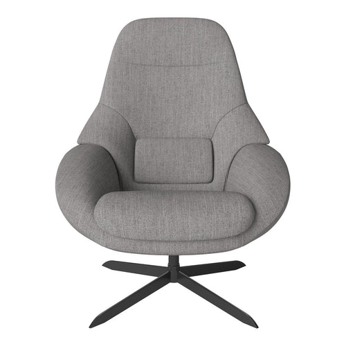 Soft gray upholstered lounge chair with smooth, curved lines and a modern, sleek design. Perfect for stylish decor.