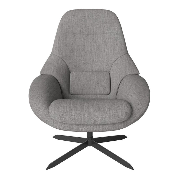 Soft gray upholstered lounge chair with smooth, curved lines and a modern, sleek design. Perfect for stylish decor.