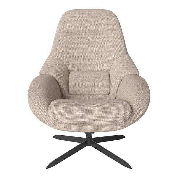 Beige upholstered lounge chair with subtle textured pattern and sleek black metal base. Ideal for modern interiors.