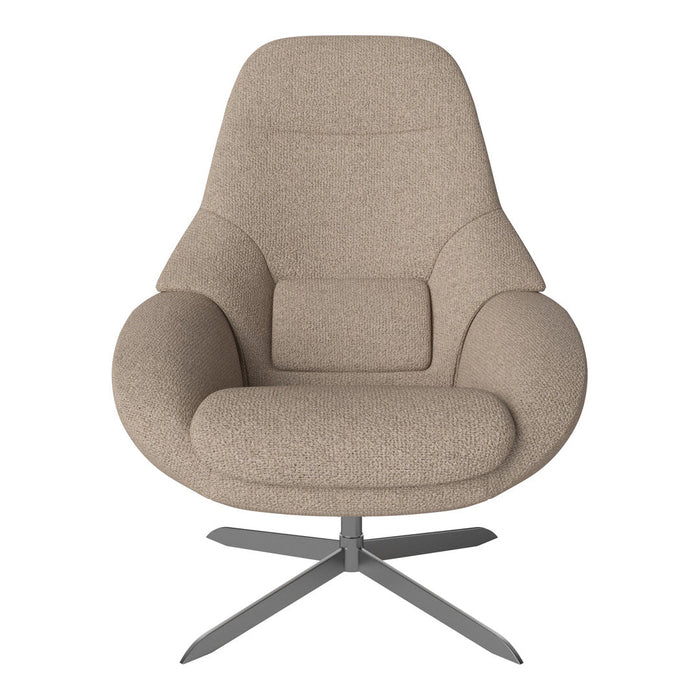 Beige modern chair with smooth, textured fabric and a sleek metal base, featuring a minimalist, contemporary design.