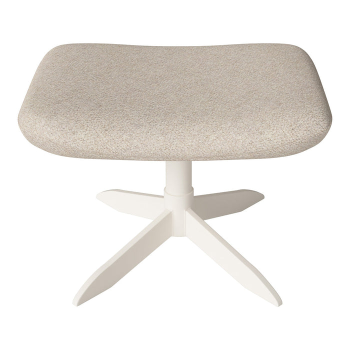 Beige fabric ottoman with subtle texture and a white, cross-base stand. Perfect for any modern decor.