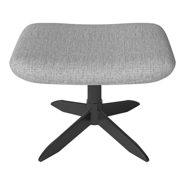 Gray upholstered stool with a smooth texture, featuring a black, stylish crossbase. Perfect for modern decor.