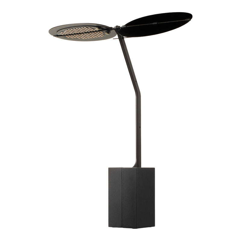 Modern black floor lamp with a sleek design and circular, rounded shades. Subtle texture adds elegance to any space.
