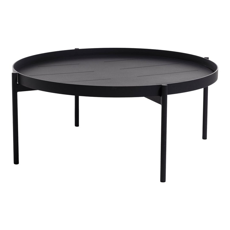 Black circular coffee table with a smooth, matte finish and clean, minimalist design. Ideal for modern decor.