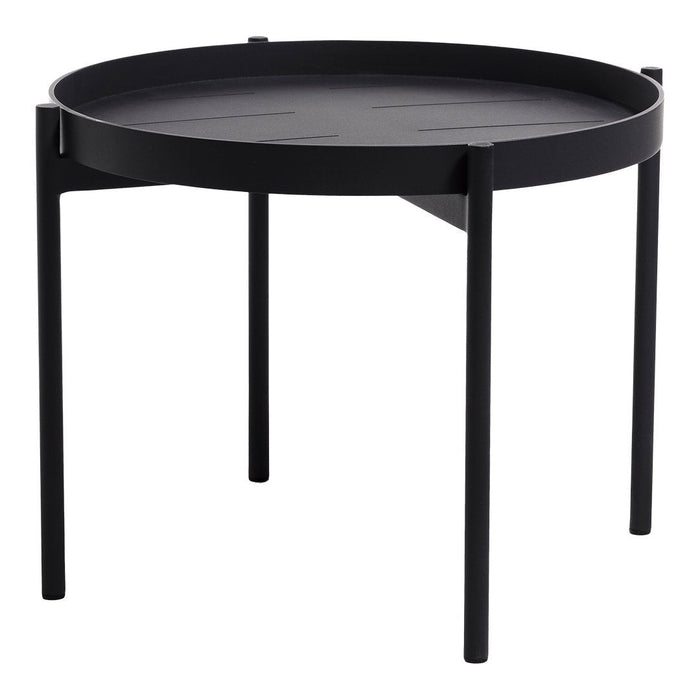 Black round table with minimalist design and smooth surface, featuring sleek black legs.