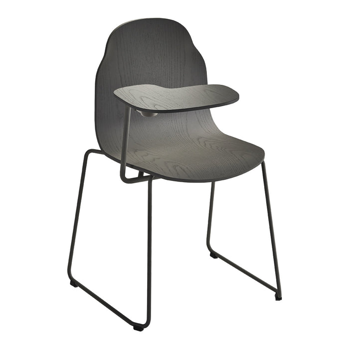 Gray molded chair with a smooth finish and minimalistic design, featuring a sleek black metal frame.