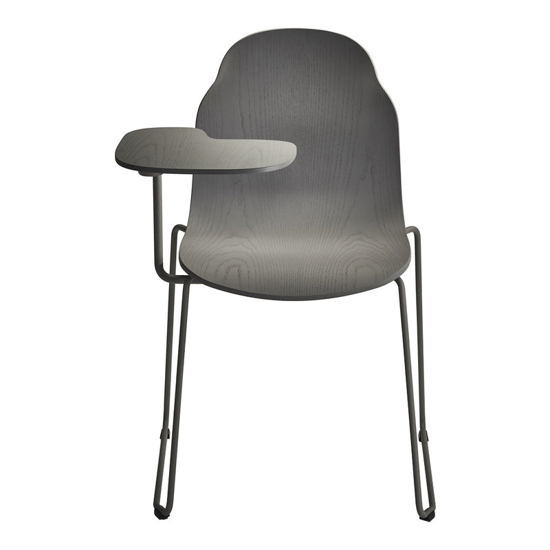 Gray ergonomic chair with a sleek design and a matching armrest, featuring a minimalist pattern and metal legs.