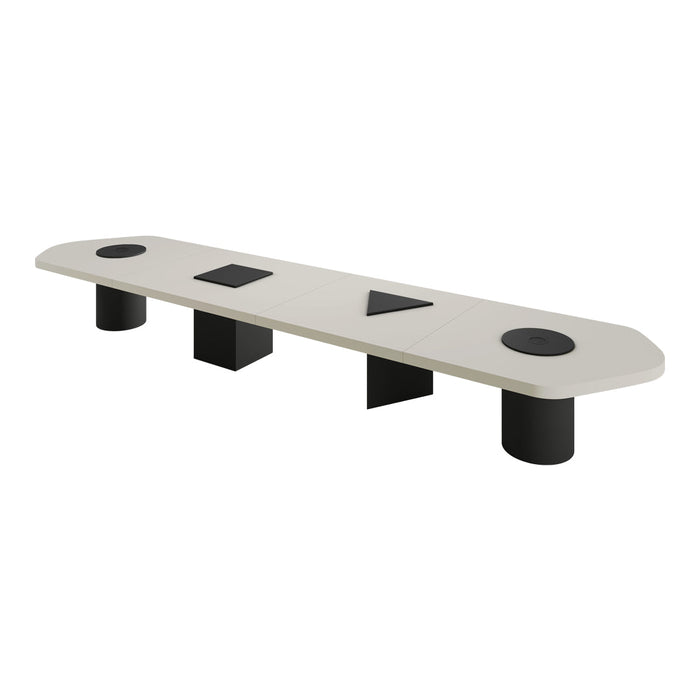 Stylish gray tabletop with black geometric shapes and round accents; modern design elements for contemporary decor.